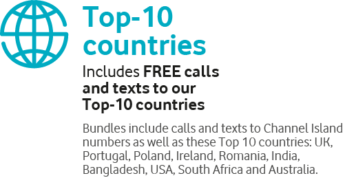 Top-10 countries, Includes FREE callsand texts to our Top-10 countries